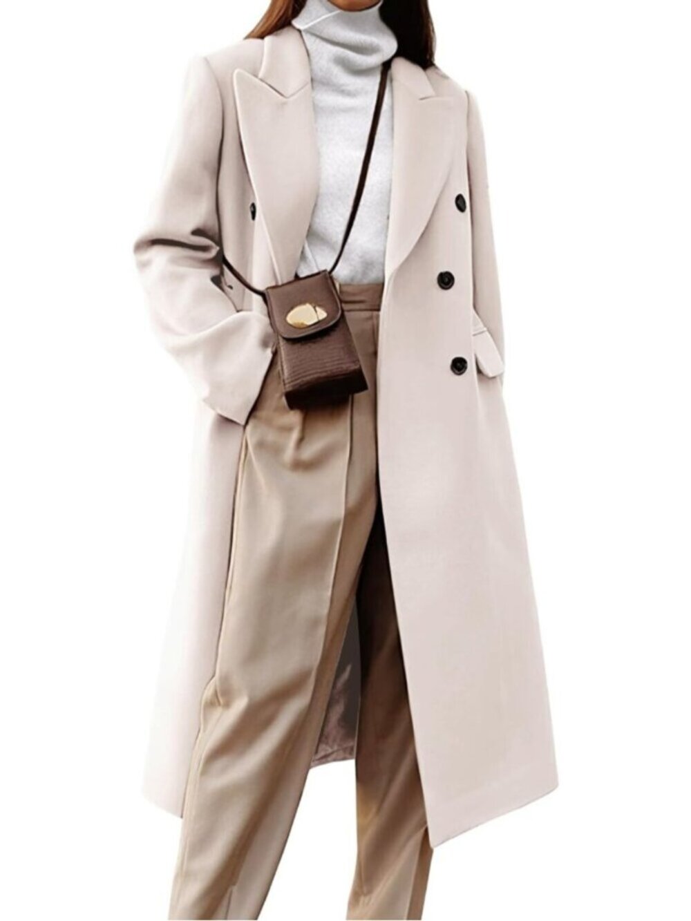 Women's Beige Wool Blend Long Warm Lapel Double Breasted Winter Trench Peacoat